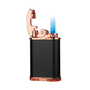 Visol Retro Butane Torch Lighter Triple Flame Refillable Gas Lighter, Built-in Cutter, Detachable Poker and Windproof Adjustable Flame Lighter - Black & Rose Gold