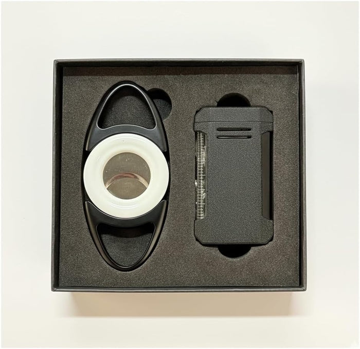 Visol Gift Set - Vinson Flat Torch Lighter Black and Bullseye Double Guillotine Cigar Cutter