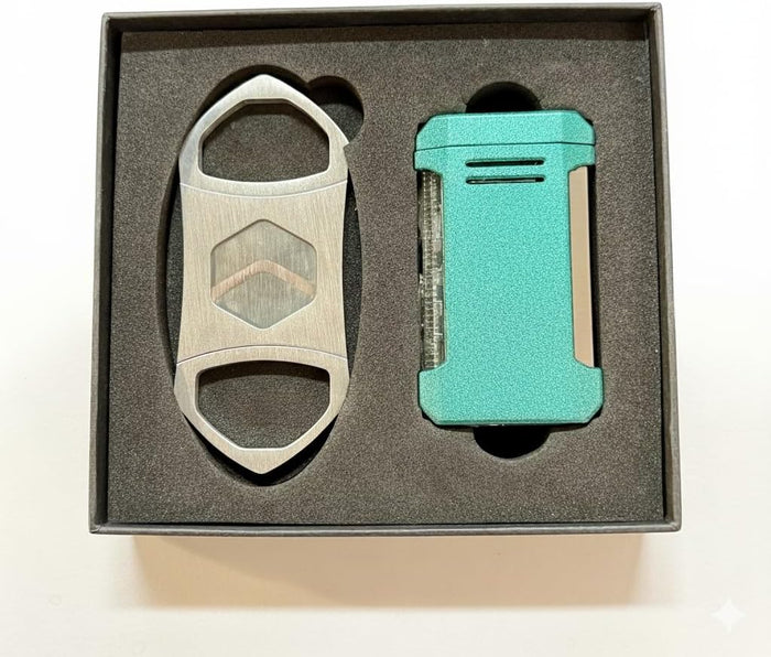 Visol Gift Set - Hex Silver Double Guillotine Cutter & Vinson Torch Lighter with Punch