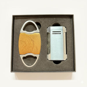 Visol Gift Set - Perfecto Wood Double Guillotine Cutter & Vinson Silver Flat Torch Lighter