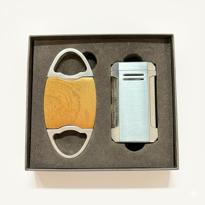 Visol Gift Set - Perfecto Wood Double Guillotine Cutter & Vinson Silver Flat Torch Lighter
