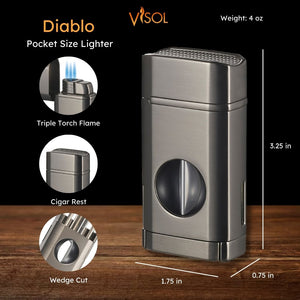 Visol Diablo Triple Torch Flame Lighter w/ Spring V Cutter - Gunmetal