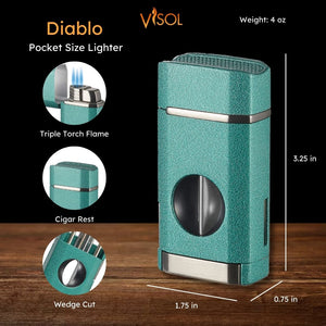 Visol Diablo Triple Torch Flame Lighter w/ Spring V Cutter - Mint Green