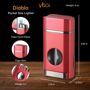 Visol Diablo Triple Torch Flame Lighter w/ Spring V Cutter - Red