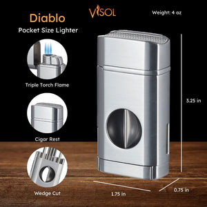 Visol Diablo Triple Torch Flame Lighter w/ Spring V Cutter - Silver