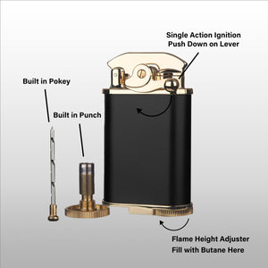 Visol Retro Butane Torch Lighter Triple Flame Refillable Gas Lighter, Built-in Cutter, Detachable Poker and Windproof Adjustable Flame Lighter - Black & Gold