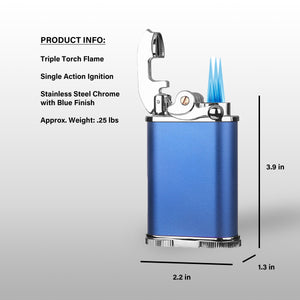 Visol Retro Butane Torch Lighter Triple Flame Refillable Gas Lighter, Built-in Cutter, Detachable Poker and Windproof Adjustable Flame Lighter - Blue & Chrome