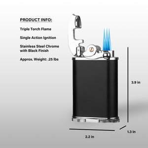 Visol Retro Butane Torch Lighter Triple Flame Refillable Gas Lighter, Built-in Cutter, Detachable Poker and Windproof Adjustable Flame Lighter - Black & Chrome