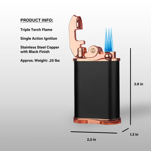 Visol Retro Butane Torch Lighter Triple Flame Refillable Gas Lighter, Built-in Cutter, Detachable Poker and Windproof Adjustable Flame Lighter - Black & Rose Gold