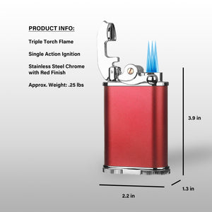 Visol Retro Butane Torch Lighter Triple Flame Refillable Gas Lighter, Built-in Cutter, Detachable Poker and Windproof Adjustable Flame Lighter - Red & Chrome