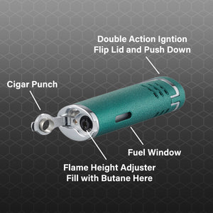 Visol Cradle Double Jet Torch Flame Lighter with Cigar Punch - Green