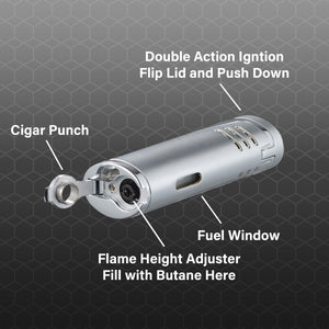 Visol Cradle Double Jet Torch Flame Lighter with Cigar Punch - Silver