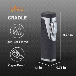 Visol Cradle Double Jet Torch Flame Lighter with Cigar Punch - Black