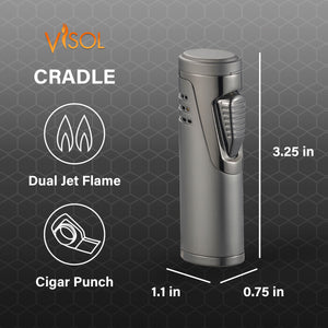 Visol Cradle Double Jet Torch Flame Lighter with Cigar Punch - Gunmetal