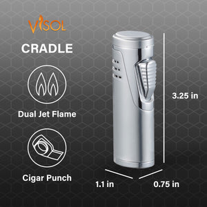 Visol Cradle Double Jet Torch Flame Lighter with Cigar Punch - Silver