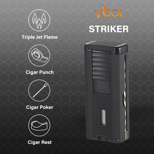 Visol Striker Triple Torch Flame Lighter with Cigar Poker - Black