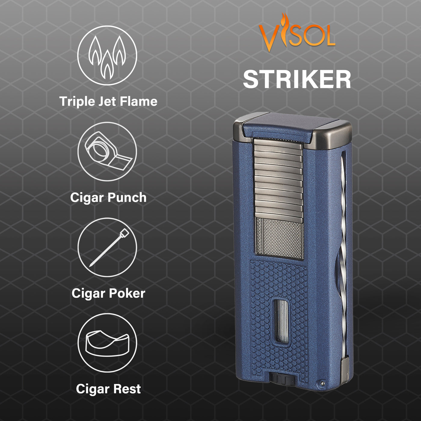 Visol Striker Triple Torch Flame Lighter with Cigar Poker - Blue ...