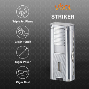 Visol Striker Triple Torch Flame Lighter with Cigar Poker - Silver