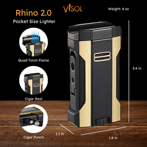 Visol Rhino 2.0 Black & Gold Quad Flame Torch Cigar Lighter