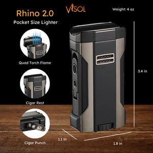 Visol Rhino 2.0 Black & Gunmetal Quad Flame Torch Cigar Lighter