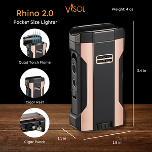 Visol Rhino 2.0 Black & Rose Gold Quad Flame Torch Cigar Lighter