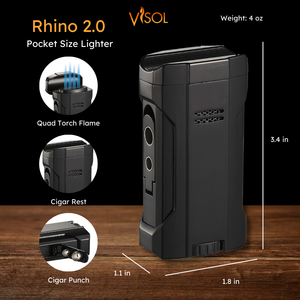 Visol Rhino 2.0 Black Quad Flame Torch Cigar Lighter