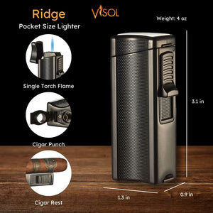 Visol Ridge Black Single Flame Torch Lighter with Cigar Rest