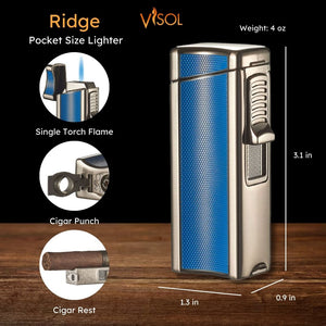 Visol Ridge Blue Single Flame Torch Lighter with Cigar Rest