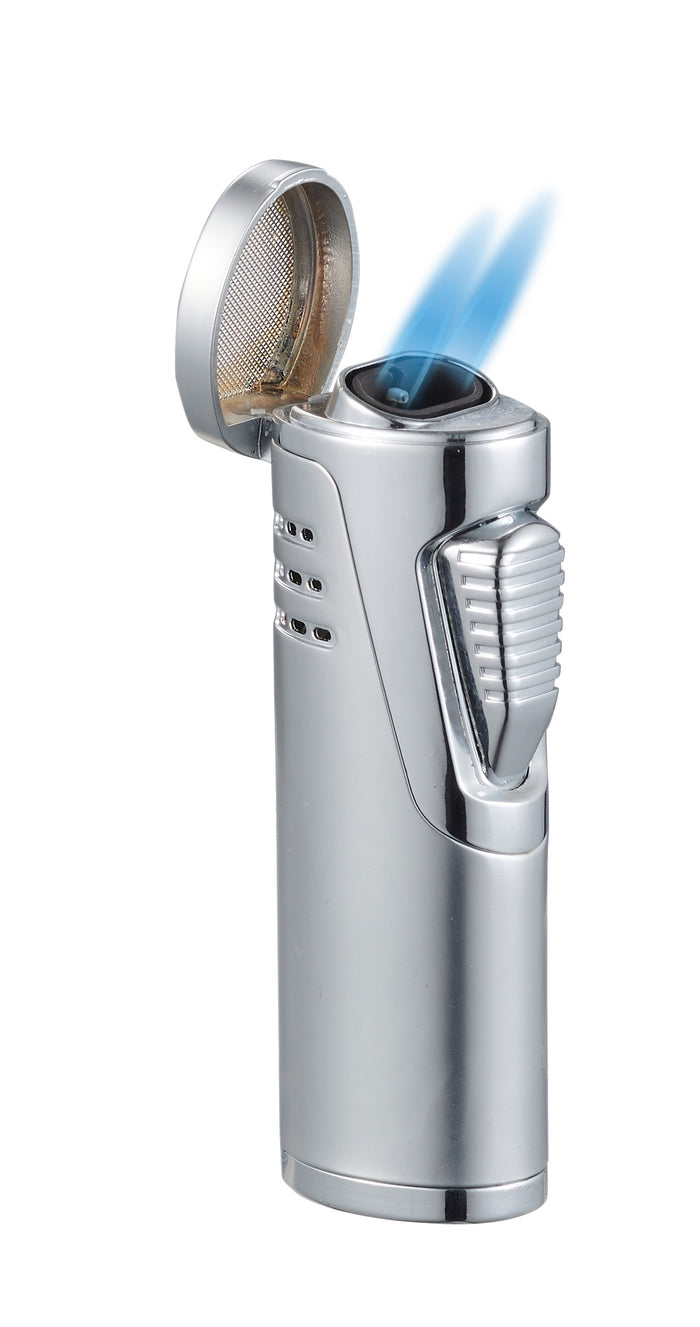 Visol Cradle Double Jet Torch Flame Lighter with Cigar Punch - Silver