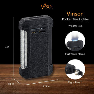 Visol Vinson Flat Torch Flame Lighter with Cigar Punch - Black