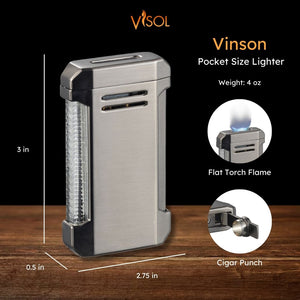 Visol Vinson Flat Torch Flame Lighter with Cigar Punch - Gunmetal