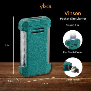 Visol Vinson Flat Torch Flame Lighter with Cigar Punch - Green