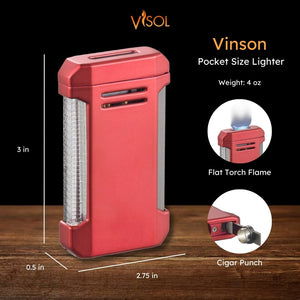 Visol Vinson Flat Torch Flame Lighter with Cigar Punch - Red