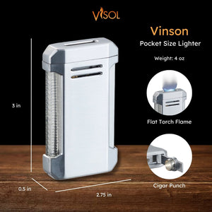 Visol Vinson Flat Torch Flame Lighter with Cigar Punch - Silver