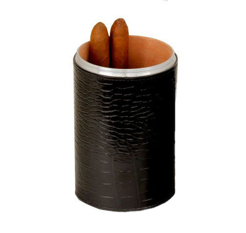 Cylinder Desktop Humidor - Croco Pattern Black Leather