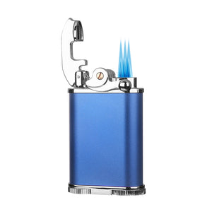 Visol Retro Butane Torch Lighter Triple Flame Refillable Gas Lighter, Built-in Cutter, Detachable Poker and Windproof Adjustable Flame Lighter - Blue & Chrome
