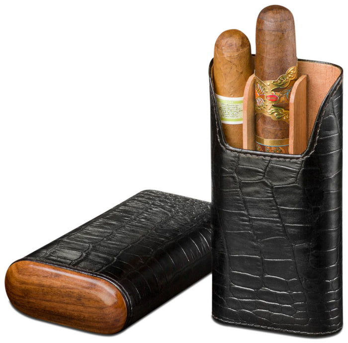 Brizard Croco Pattern Black Leather & Rosewood Cigar Case -3 Finger Case