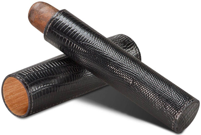 Cigar Tube - Lizard Pattern Black Leather