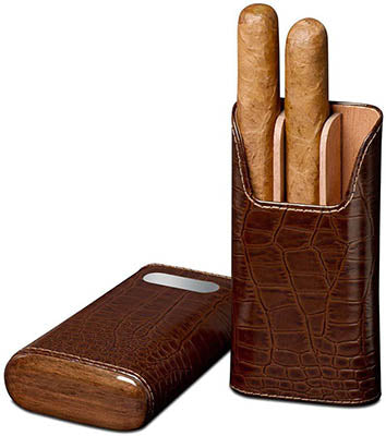 Tobacco Croco Pattern Leather Cigar Case with Engraving