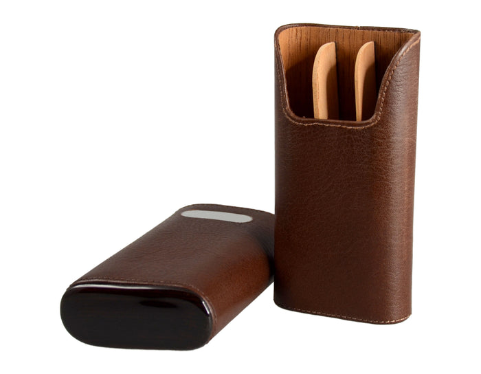 Brizard & Co Dakota Chocolate Leather Cigar Case w/ Plate - 3 Finger Case