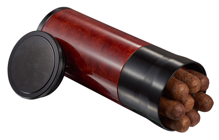 Visol Carlos Travel Cigar Case - Burl and Black, Holds 7 Cigars