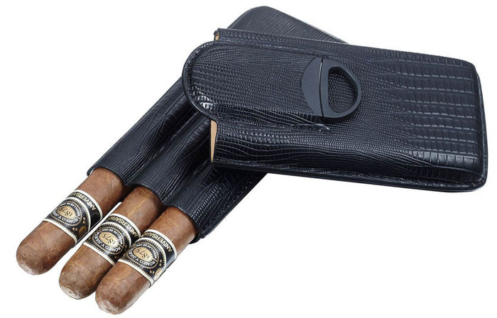 Granada Black Leather 3 Finger Case with Cigar Cutter