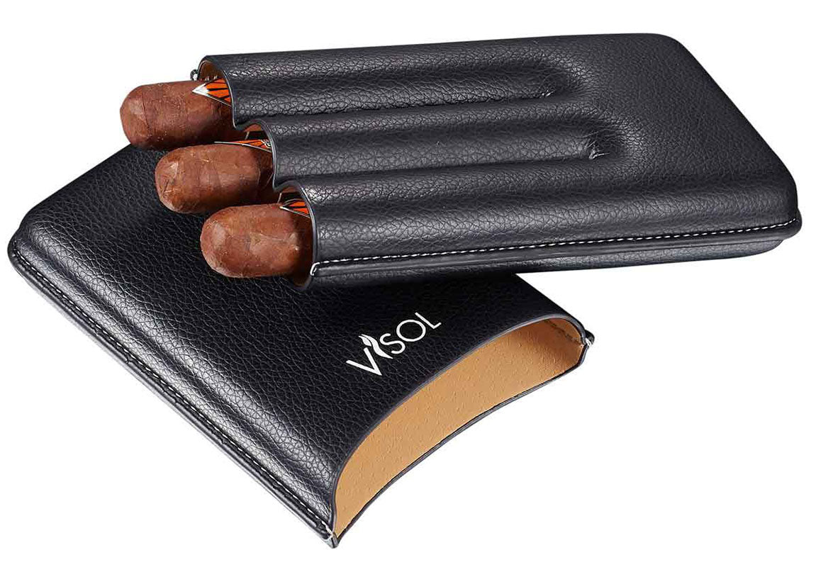 Visol VCASE728 Dakota Black 60 Ring Gauge Cigar Case - Holds 3 Cigars