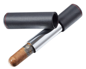 Visol Tristan Black Leather Stainless Steel Cigar Tube - Holds 60 RG Cigar