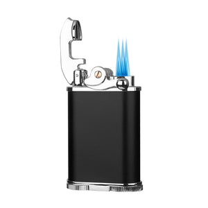Visol Retro Butane Torch Lighter Triple Flame Refillable Gas Lighter, Built-in Cutter, Detachable Poker and Windproof Adjustable Flame Lighter - Black & Chrome