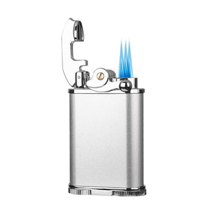 Visol Retro Butane Torch Lighter Triple Flame Refillable Gas Lighter, Built-in Cutter, Detachable Poker and Windproof Adjustable Flame Lighter - Silver & Chrome